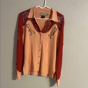 Double D Ranch Red and Peach Embroidered Button-Down Shirt